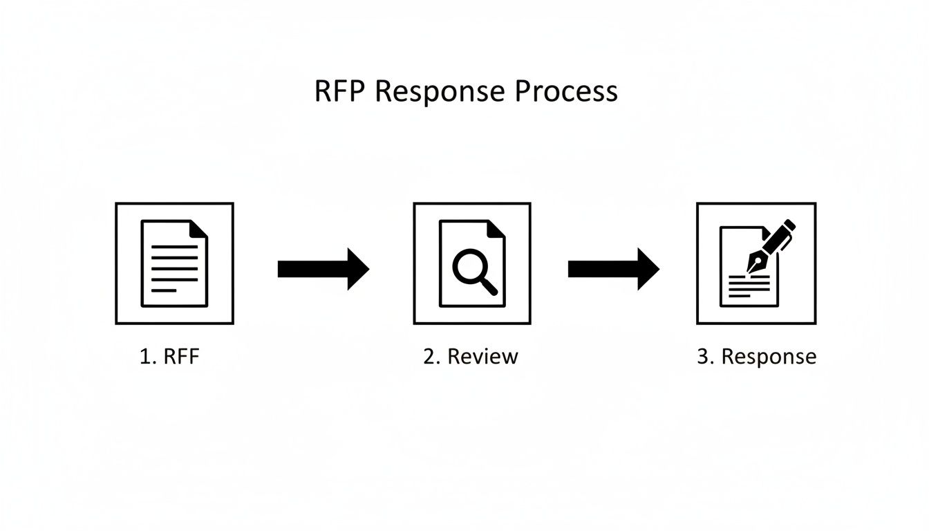 A flowchart illustrating the RFP (Request for Proposal) response process with three key steps: RFF, Review, and Response.