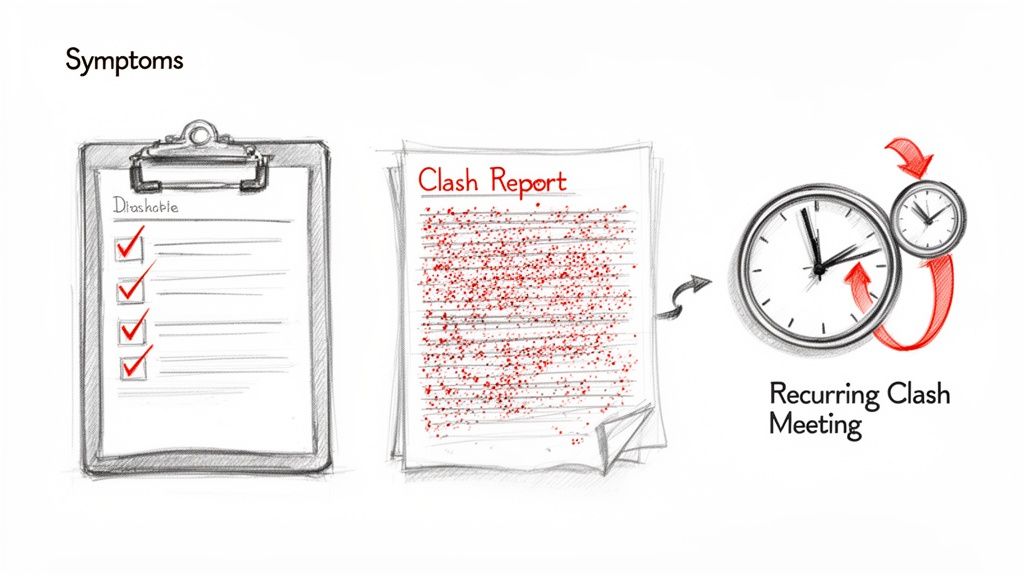 Illustration depicting symptoms of poor BIM coordination: a checklist, a clash report with many issues, and recurring meetings.