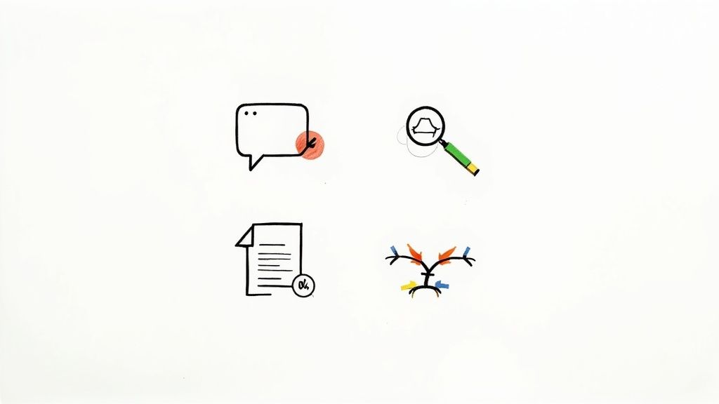 Hand-drawn icons for digital communication, building search, document status, and data analysis.