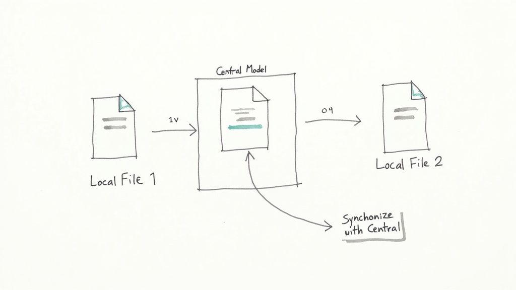 Diagram showing Local File 1, a Central Model, Local File 2, and the process of synchronization.