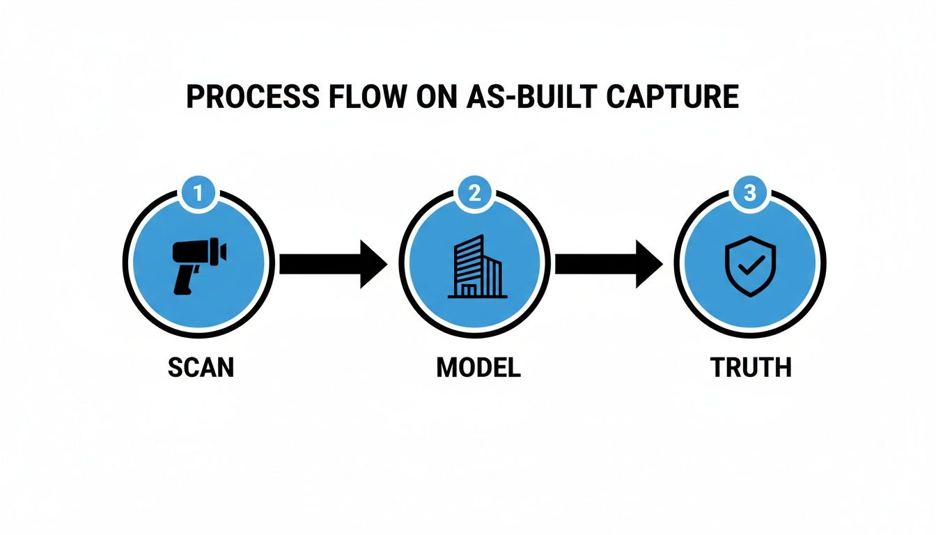 Process flow diagram illustrating the as-built capture stages: scan, model, and truth.