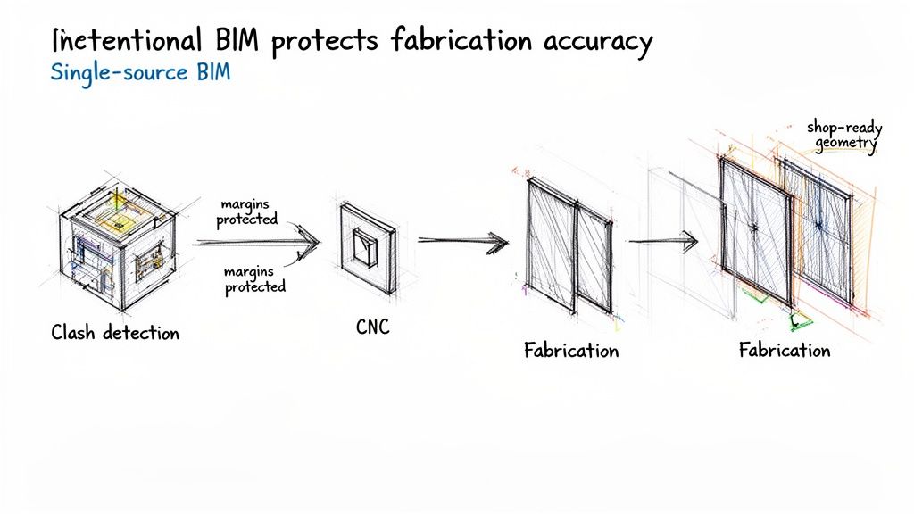Diagram illustrating how single-source BIM protects fabrication accuracy from clash detection to shop-ready geometry.