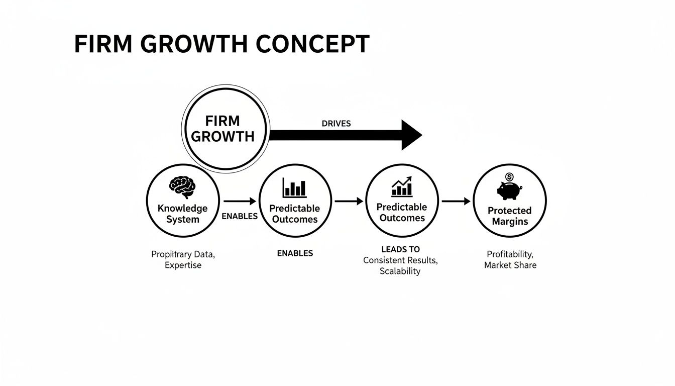 A diagram illustrating the firm growth concept, showing how a knowledge system drives predictable outcomes and protected margins.