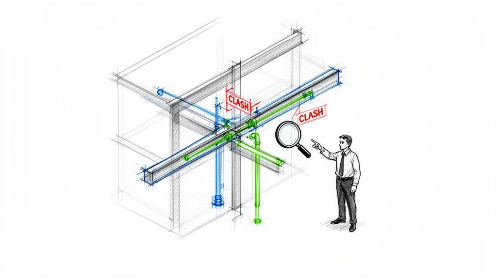 Technical drawing showing structural beams and pipes with 'CLASH' labels, a man points with a magnifying glass.