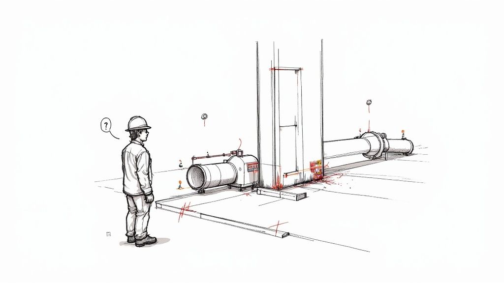 A detailed technical drawing shows a construction worker examining large industrial pipes and structures, marked with red lines.