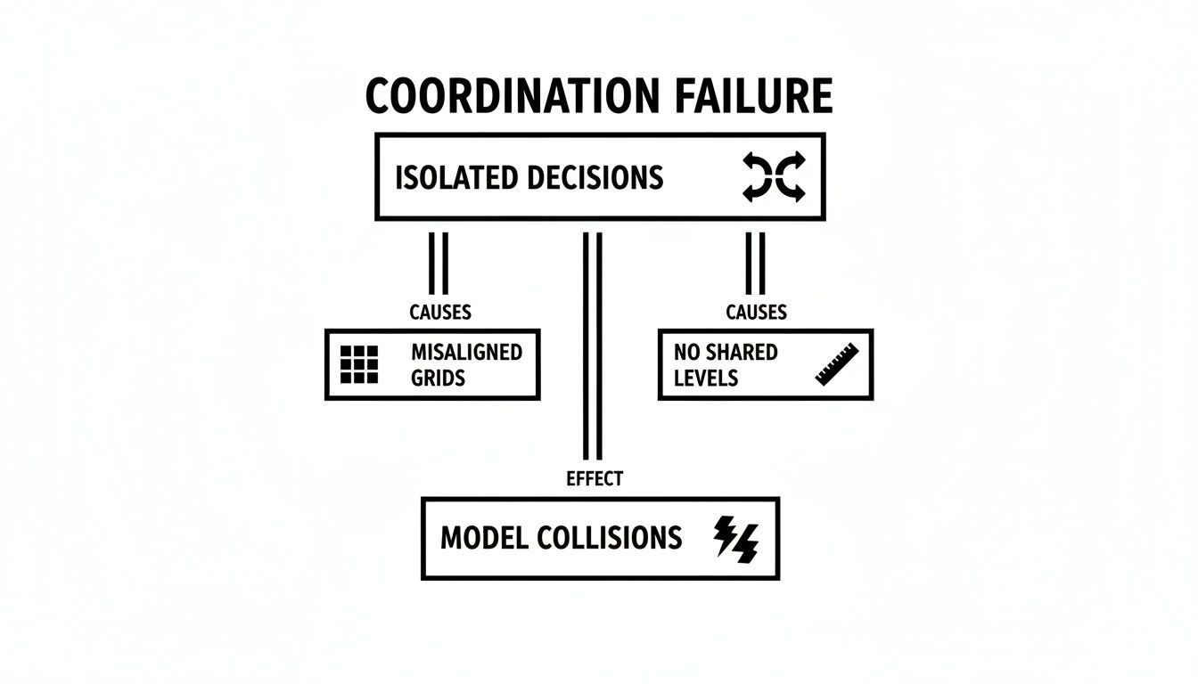 Diagram illustrating coordination failure leading to model collisions due to isolated decisions, misaligned grids, and no shared levels.