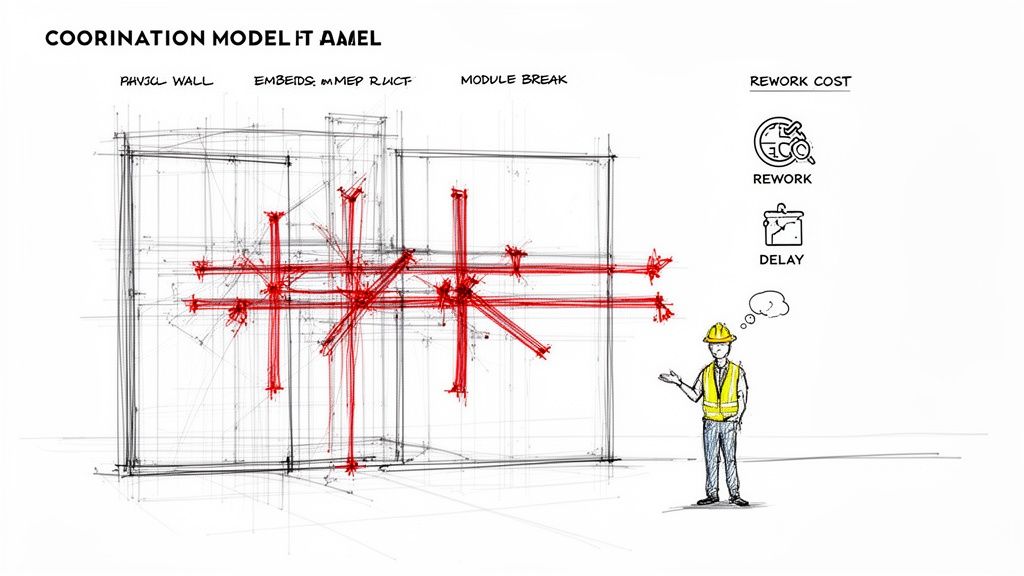 Construction coordination model sketch illustrating clashes, a worker, and potential rework and delay costs.