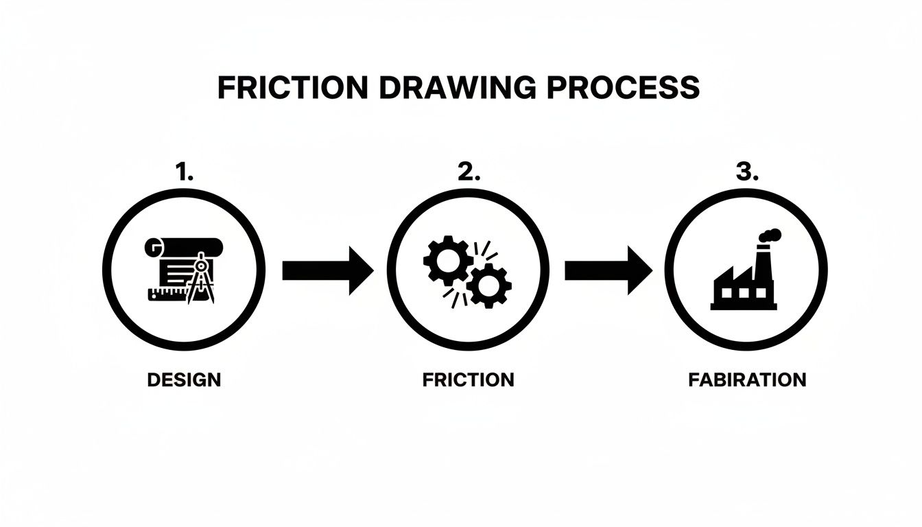 A three-step friction drawing process diagram showing design, friction, and fabrication stages.