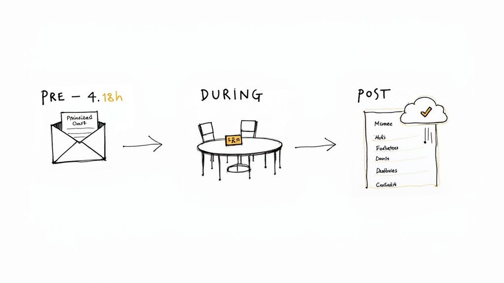 A visual representation of a meeting workflow showing pre-meeting preparation, during the meeting, and post-meeting follow-up with cloud storage.