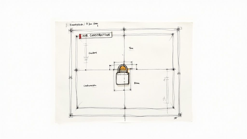 A blueprint of an architectural design on a wooden desk with a hard hat and measuring tools nearby, symbolizing locked-in project scope and construction readiness.