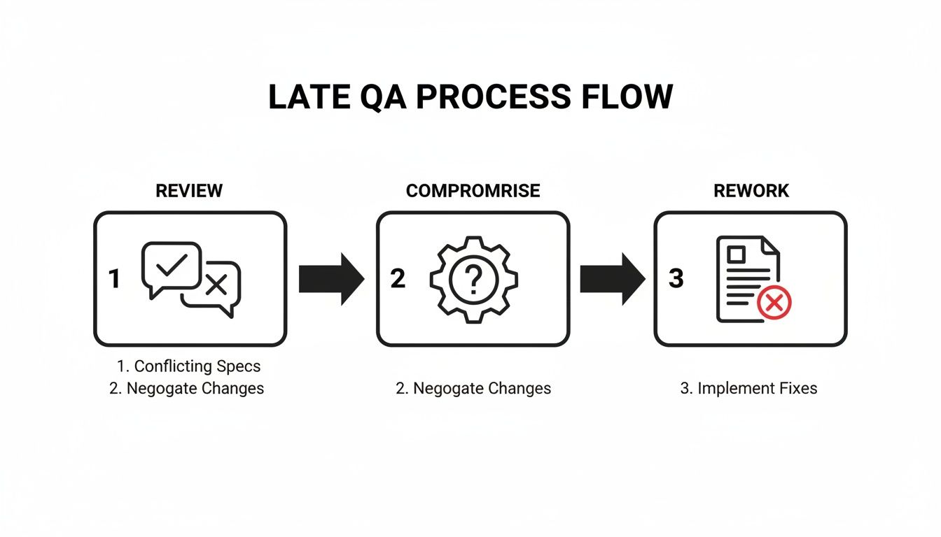 Flowchart illustrating a late quality assurance process with steps: review, compromise, and rework.