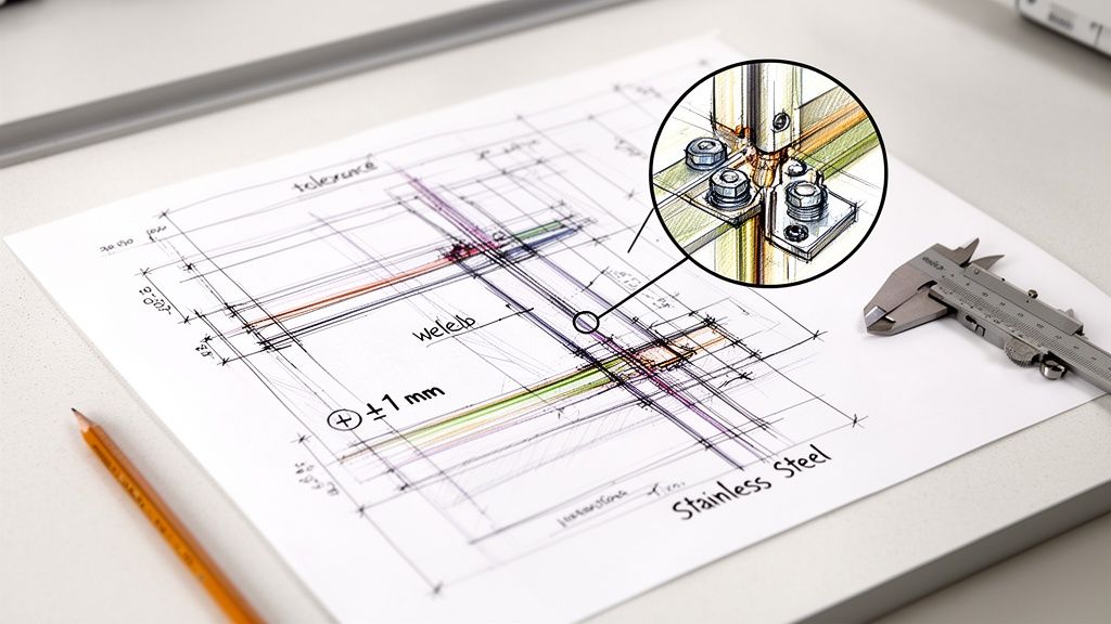 A detailed engineering drawing with a magnified section of a bolted joint, next to a caliper and pencil.