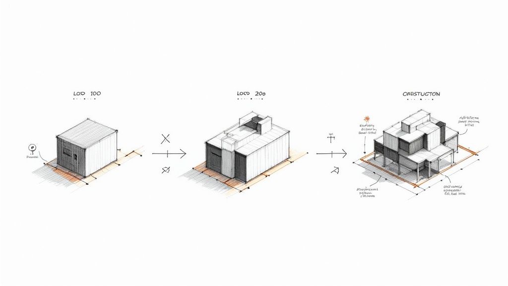 Architectural sketch illustrating the evolution of building design through three BIM Levels of Detail.