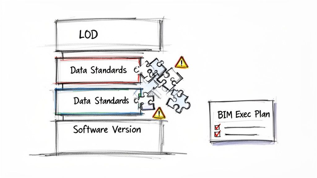 Diagram illustrating LOD, data standards, and software version issues, with puzzle pieces and warnings, impacting a BIM Execution Plan.