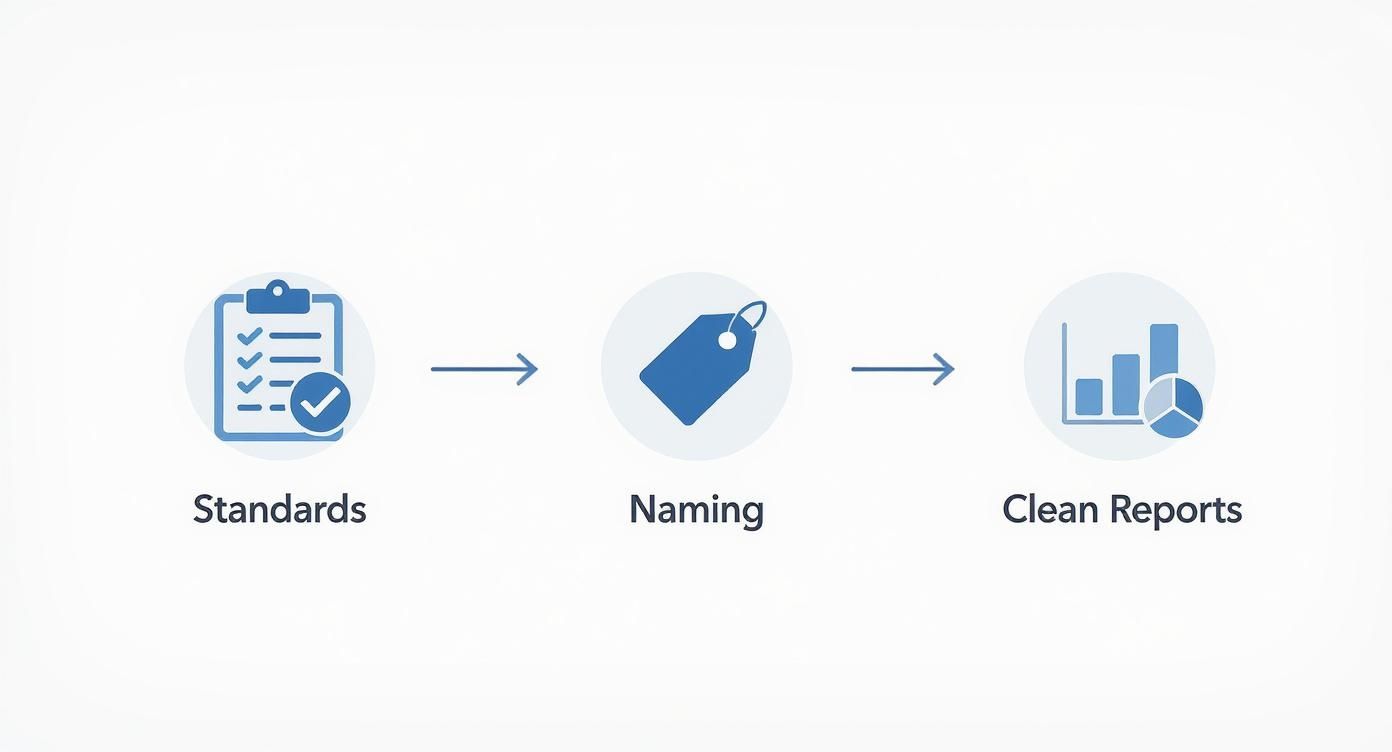 Infographic illustrating how disciplined BIM modeling leads to clean clash reports, showing icons for Standards, Naming Conventions, and Clean Reports.
