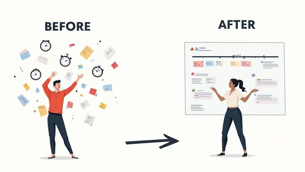 A team of architects collaborating around a large table with blueprints and models, demonstrating effective project management.