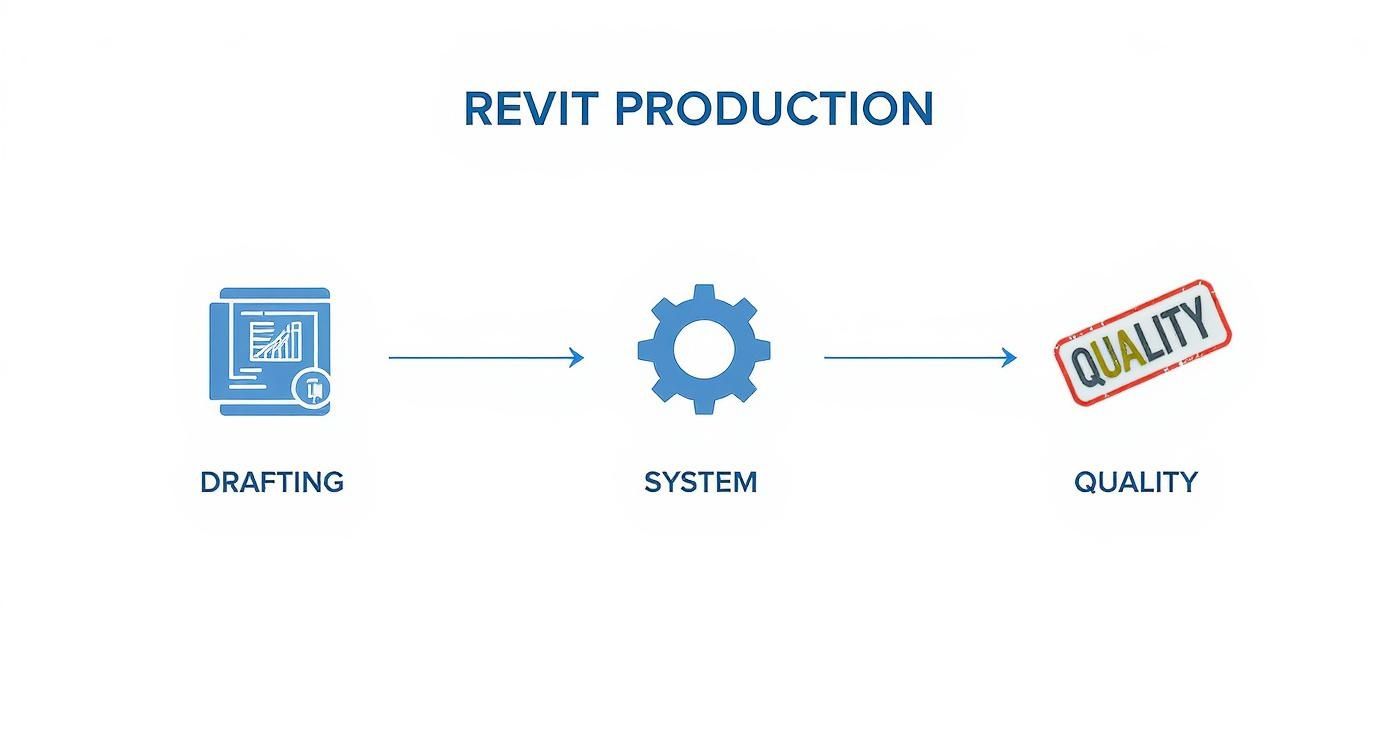 A diagram illustrating the Revit production workflow, from drafting through a system to ensure quality.