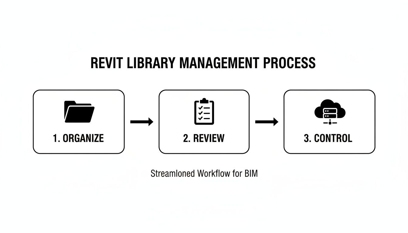 Flowchart illustrating the Revit Library Management Process: Organize, Review, and Control for BIM.