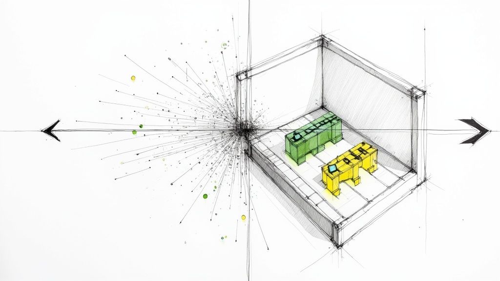 Technical drawing of a room with green and yellow workstations, energy radiating from a central point.