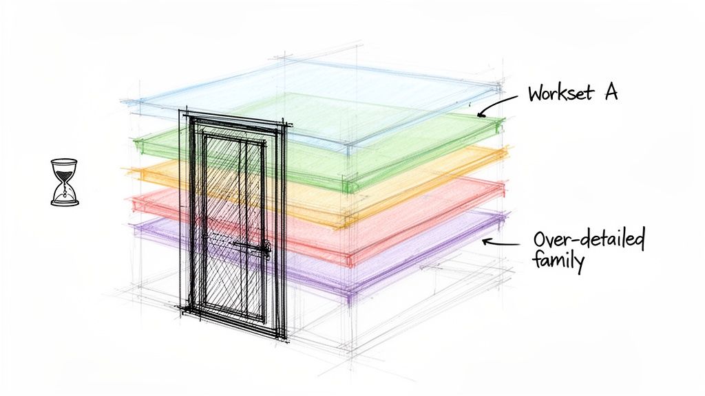 Hand-drawn sketch showing a door intersecting layered worksets, labeled 'Workset A' and 'Over-detailed family,' with an hourglass.