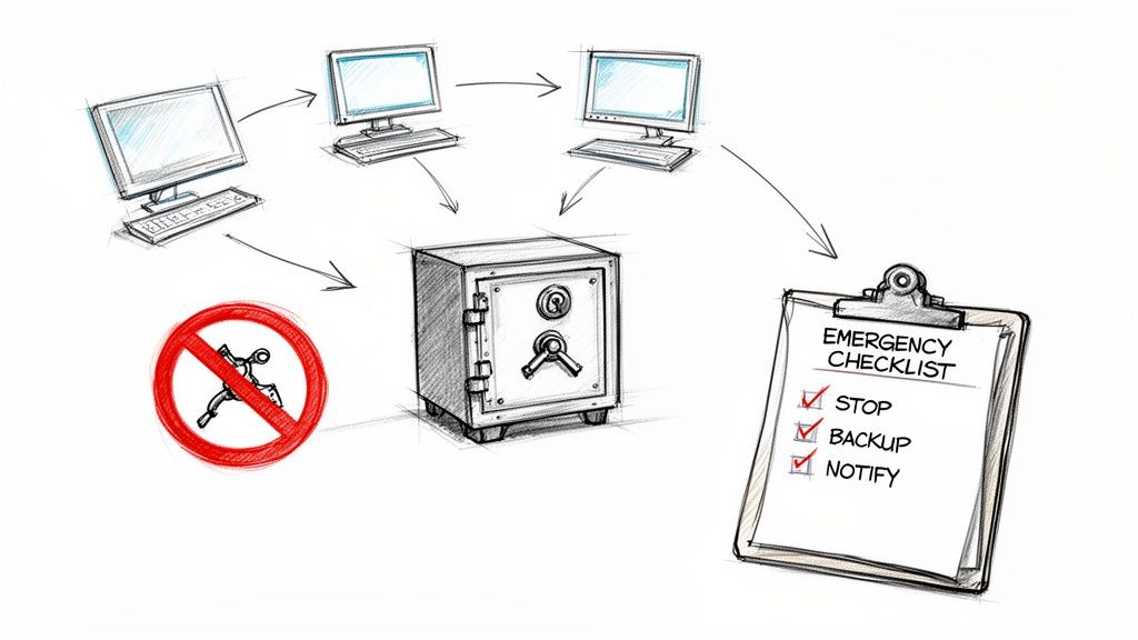 A sketch showing computers backing up to a safe, a no-panic symbol, and an emergency checklist.
