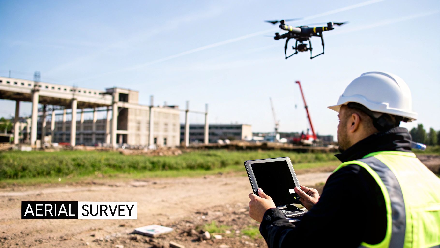 A drone flying over a large construction site, capturing aerial imagery for site monitoring and progress tracking, representing a key construction technology trend.