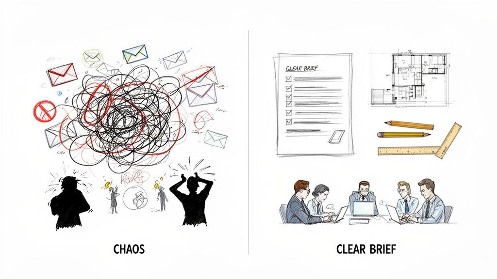 Illustration contrasting chaotic, stressed work with organized, clear brief and collaborative teamwork.