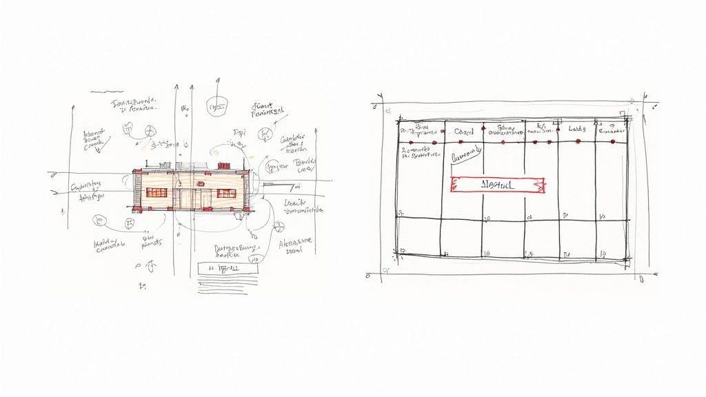 Hand-drawn architectural site plan and floor plan sketches showing building layout and landscaping details