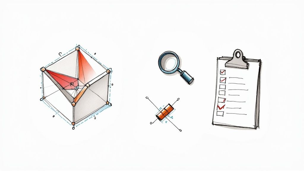 A person using a tablet with a complex architectural wireframe, representing the use of digital tools for model QA.