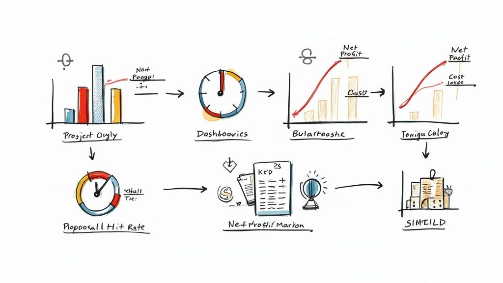 A principal architect reviewing financial KPIs on a tablet, with project charts in the background.