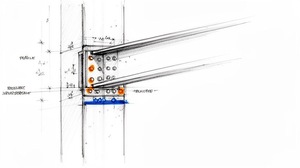 Technical drawing illustrating a bolted steel beam connection to a column, with highlighted components and annotations.