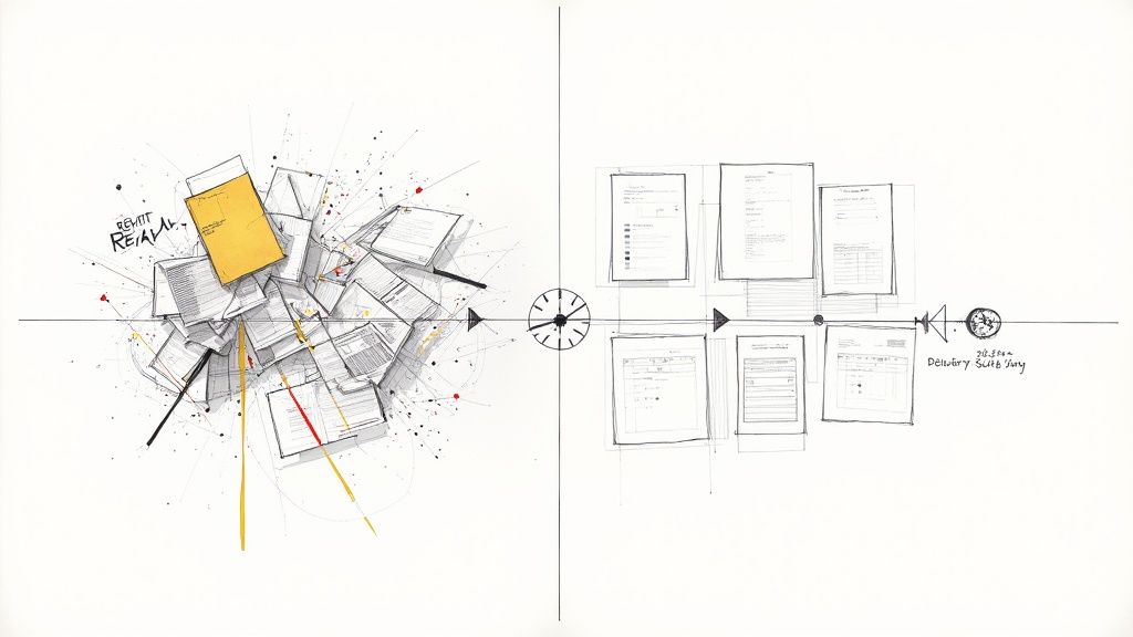 A technical drawing illustrating a contrast between chaotic document management and an organized workflow timeline.