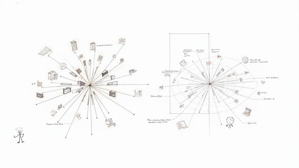 Hand-drawn radial diagrams displaying interconnected objects and concepts, resembling mind maps or information networks.
