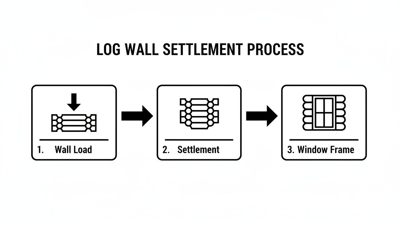 A diagram illustrates the log wall settlement process, from initial wall load to final window frame installation.
