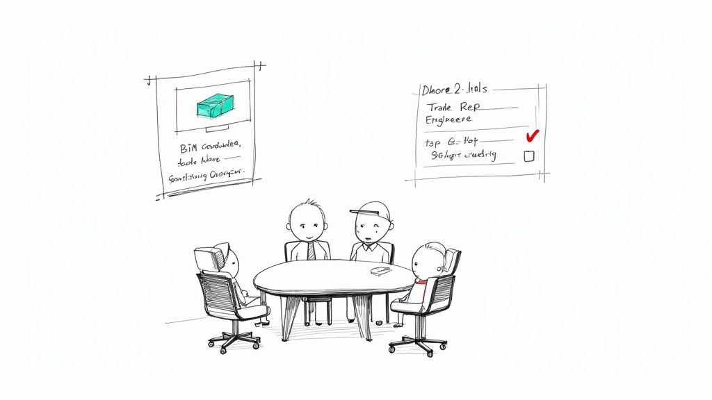 A team of architects and engineers in a modern office having a productive BIM coordination meeting around a large screen displaying a large 3D model.