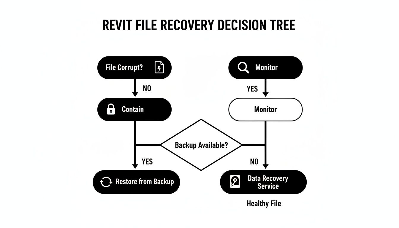Flowchart for Revit file recovery, detailing steps for corrupted files, containment, monitoring, and backup restoration.
