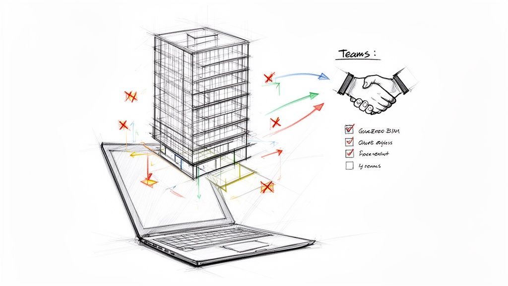 A sketched building model connecting to a laptop, depicting digital construction project management and team collaboration.