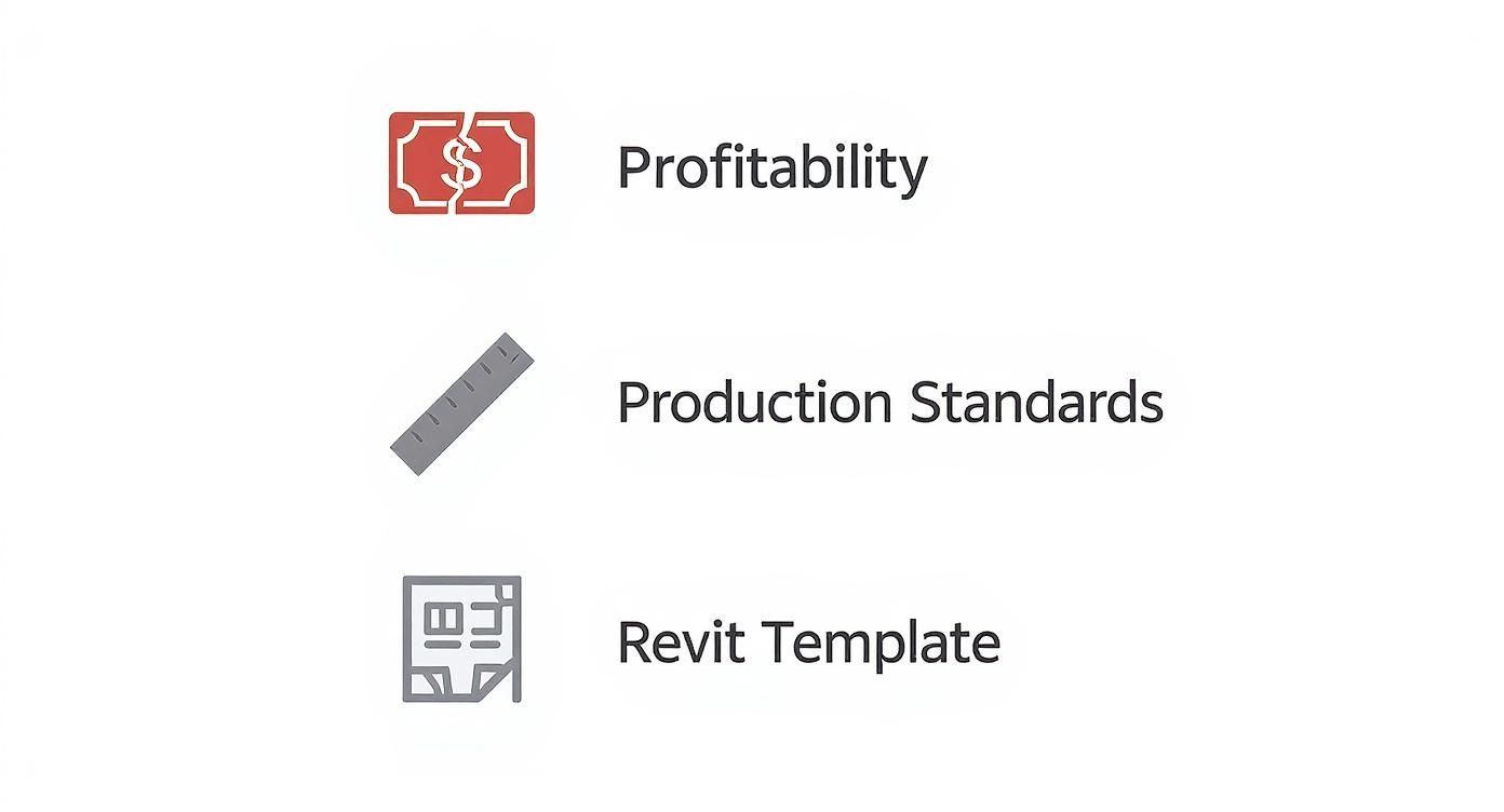 Icons showing profitability, production standards, and Revit template for architectural and design processes.