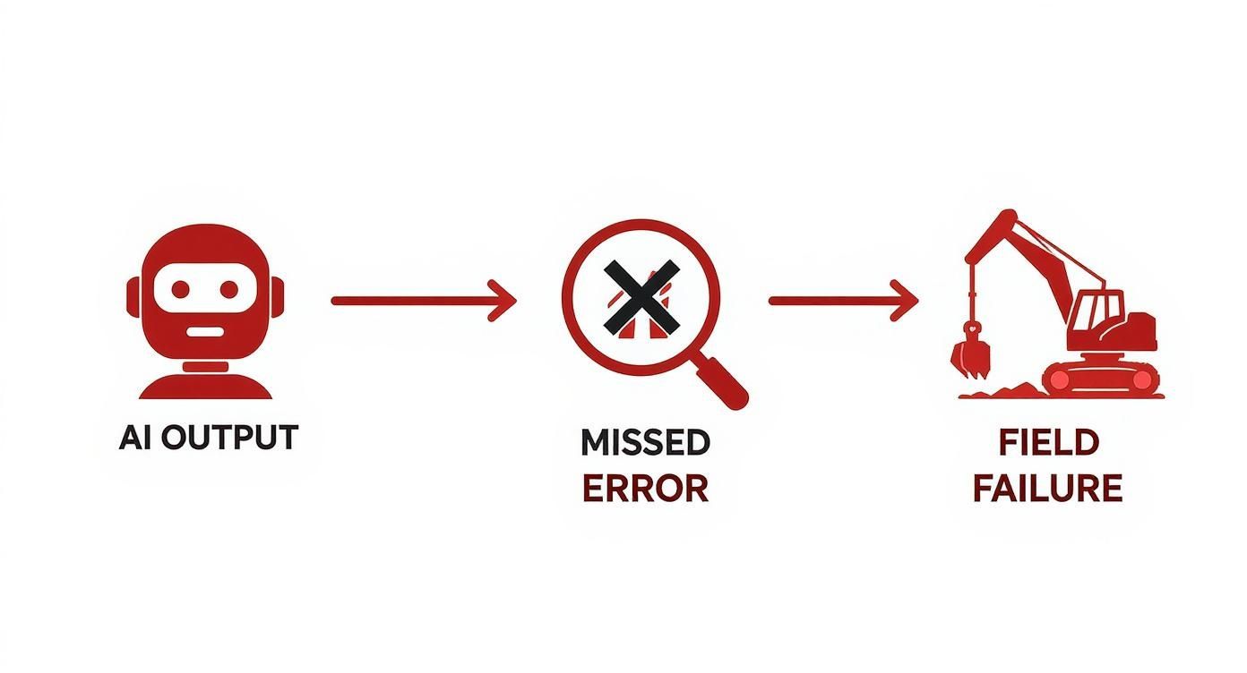 Flowchart demonstrating how AI output with a missed error can lead to real-world field failure.