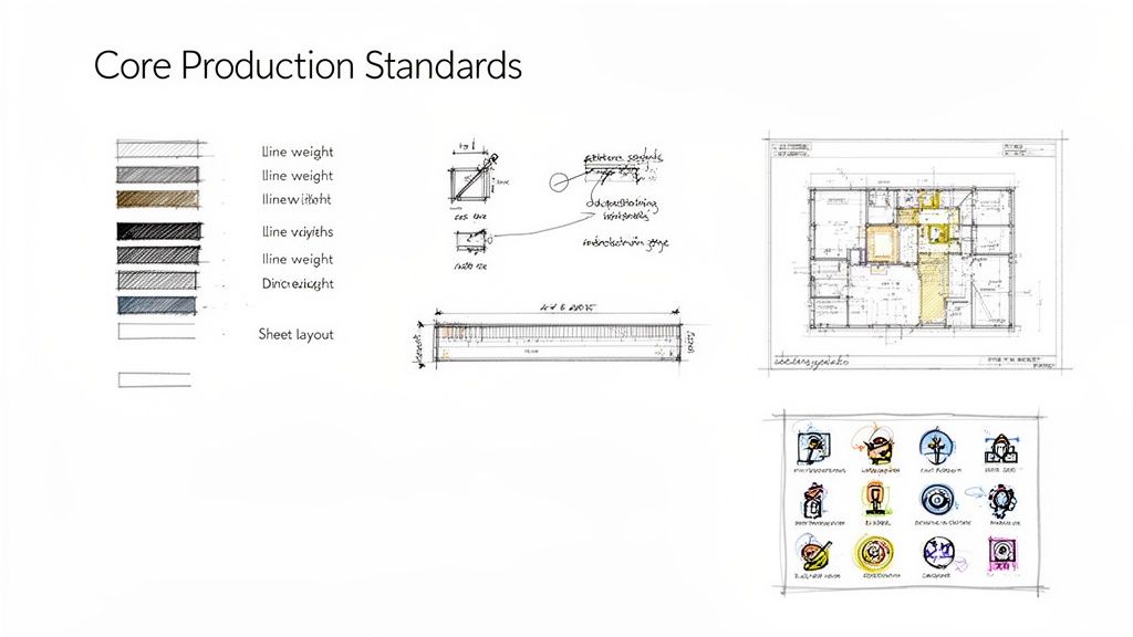 Visual examples of core architectural production standards, including line weights, sketches, floor plans, and design icons.