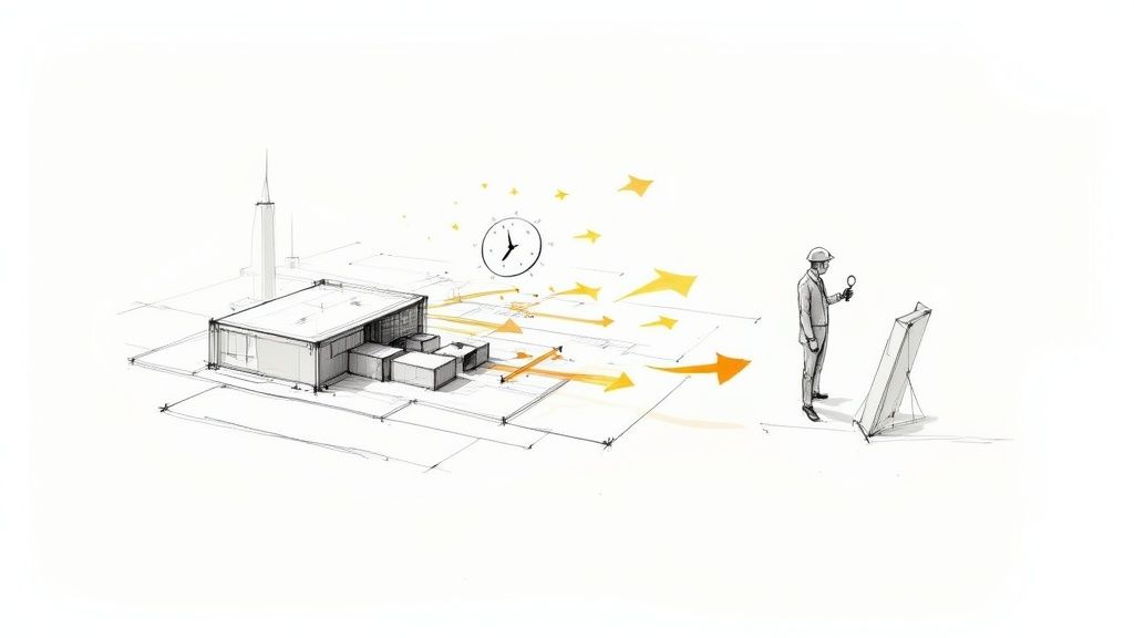 Sketch: building, clock, and orange arrows representing workflow leading to a construction worker examining plans.