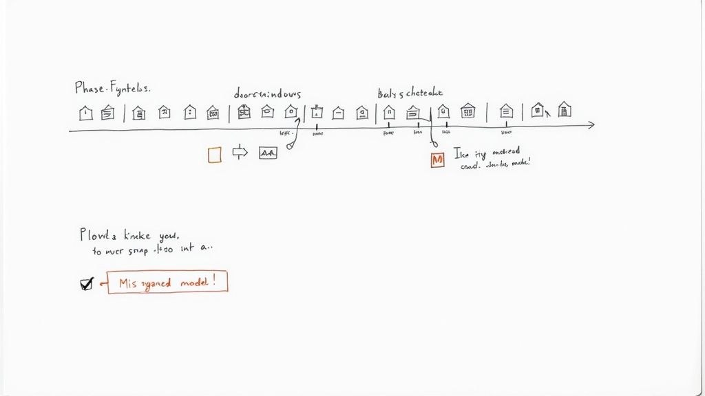 Handwritten diagram of a construction phasing timeline with house icons and a checklist, 'Mis zyened model!'