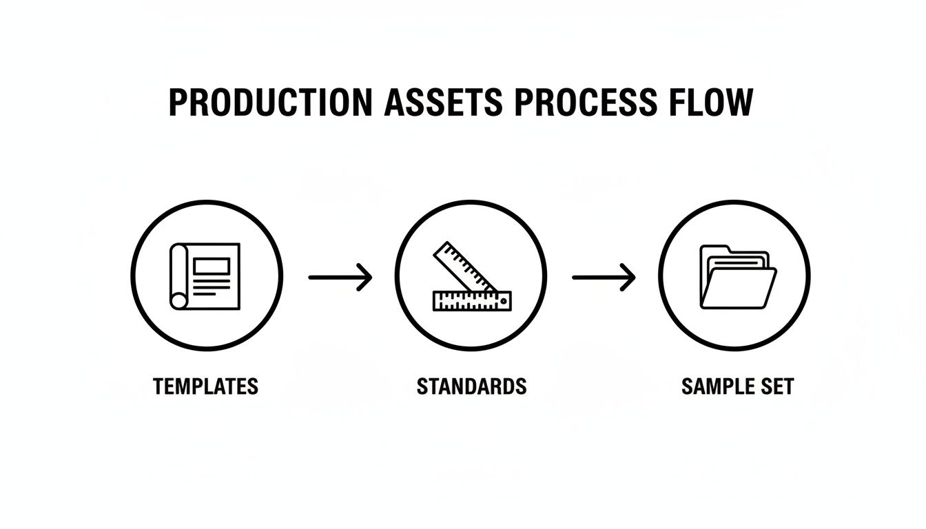 Process flow diagram for production assets, showing steps: templates, standards, and sample set.