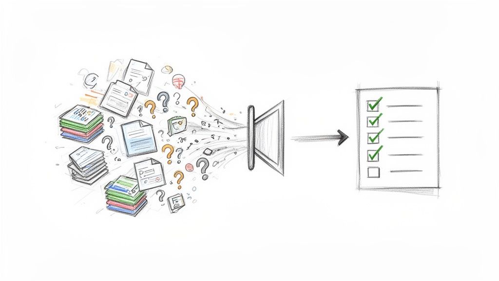 Illustration of information processing: messy documents and questions transformed into an organized, checked-off list.