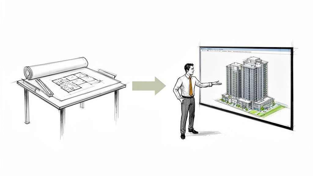 Architectural blueprint on a drafting table transforms into a digital 3D building model presented by a man.
