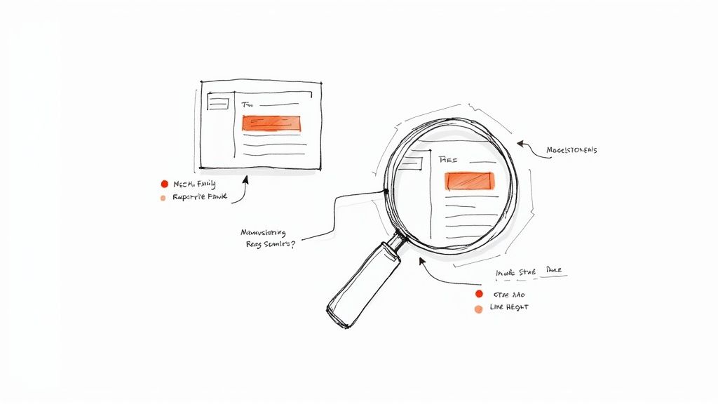 Sketch of a document design with a title and text, magnified to highlight details and annotations.