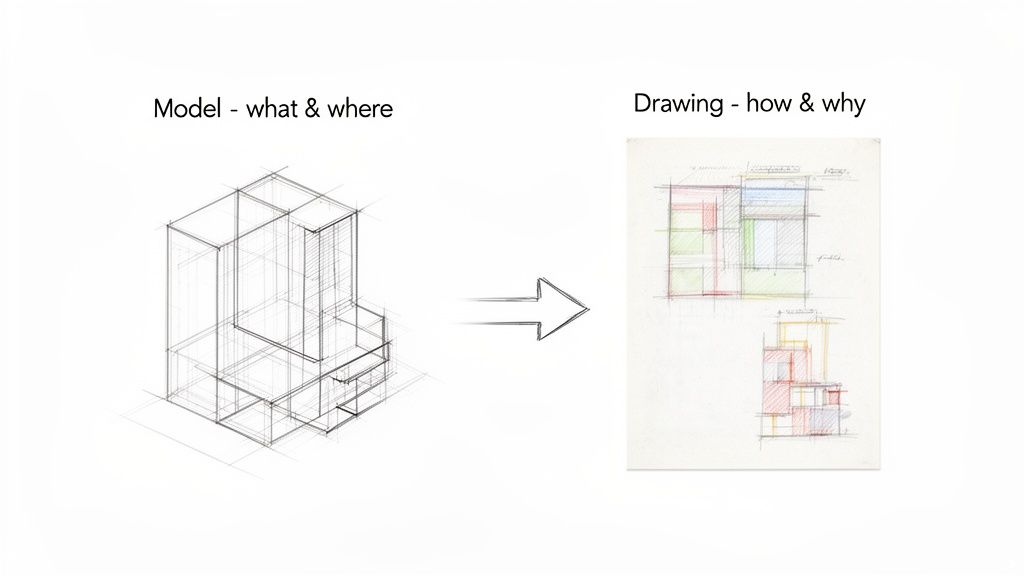 Architectural design process showing a 3D wireframe model evolving into detailed 2D colored drawings.