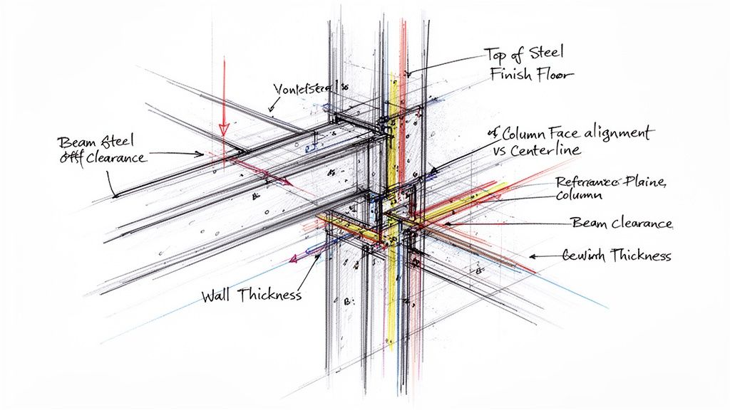 Detailed architectural sketch showing a steel beam-column connection with various clearances and thickness labels.