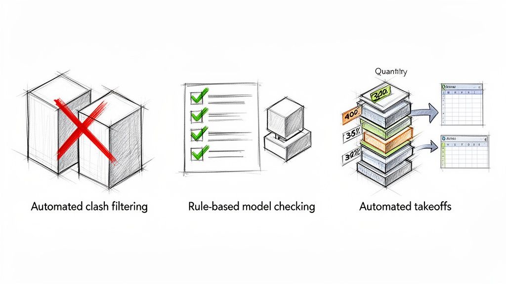 Illustrations of automated BIM processes: clash filtering, rule-based model checking, and quantity takeoffs.