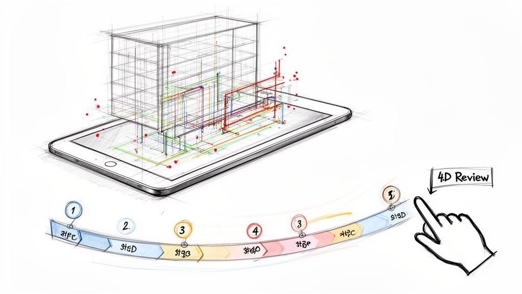A technical sketch showing a building structure and colored systems on a tablet with a timeline indicating a 4D review.